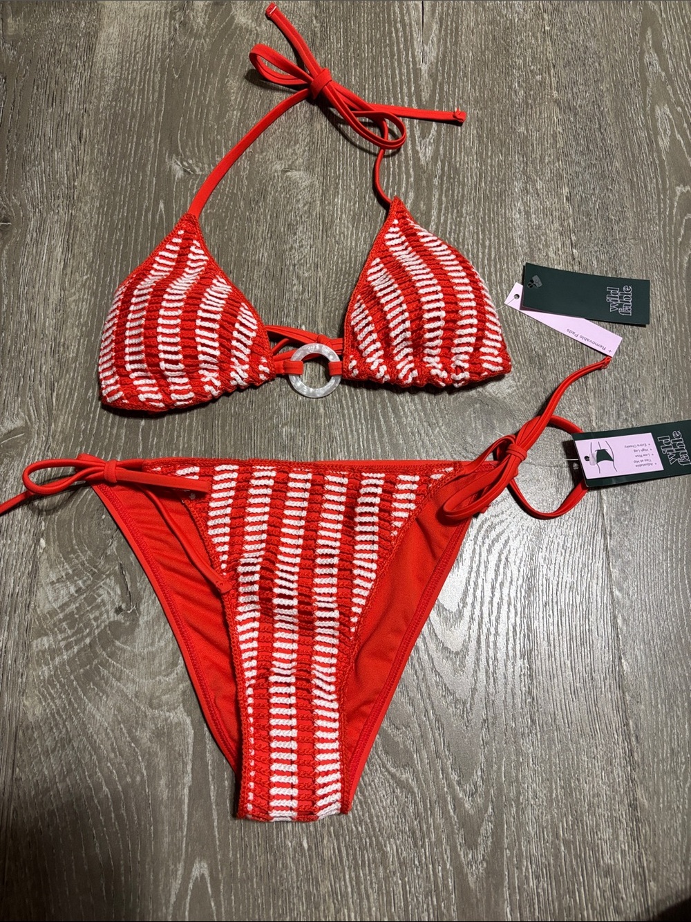 Women's Striped Crochet with Center Ring Bikini Set